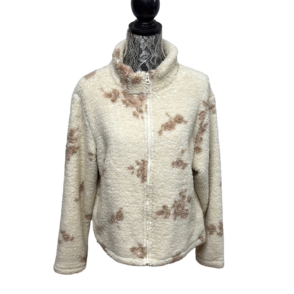 NWT Lucky Brand Large Cream Floral Sherpa Fleece Full Zip Teddy Jacket Winter